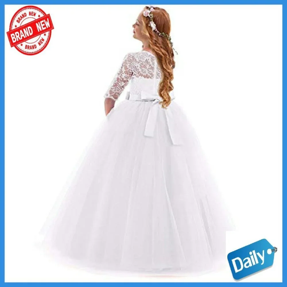 Girls Floral Lace 3/4 Sleeve Floor Length Formal Dress Size 2-14Y